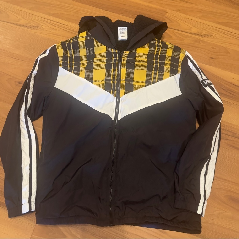 Victoria's Secret Sherpa Lined Campus  Windbreaker in Black, Yellow, and White